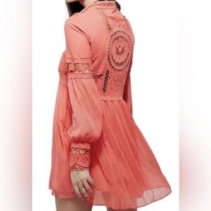 Free People Coral Lace-Back Long Sleeve Mini Dress